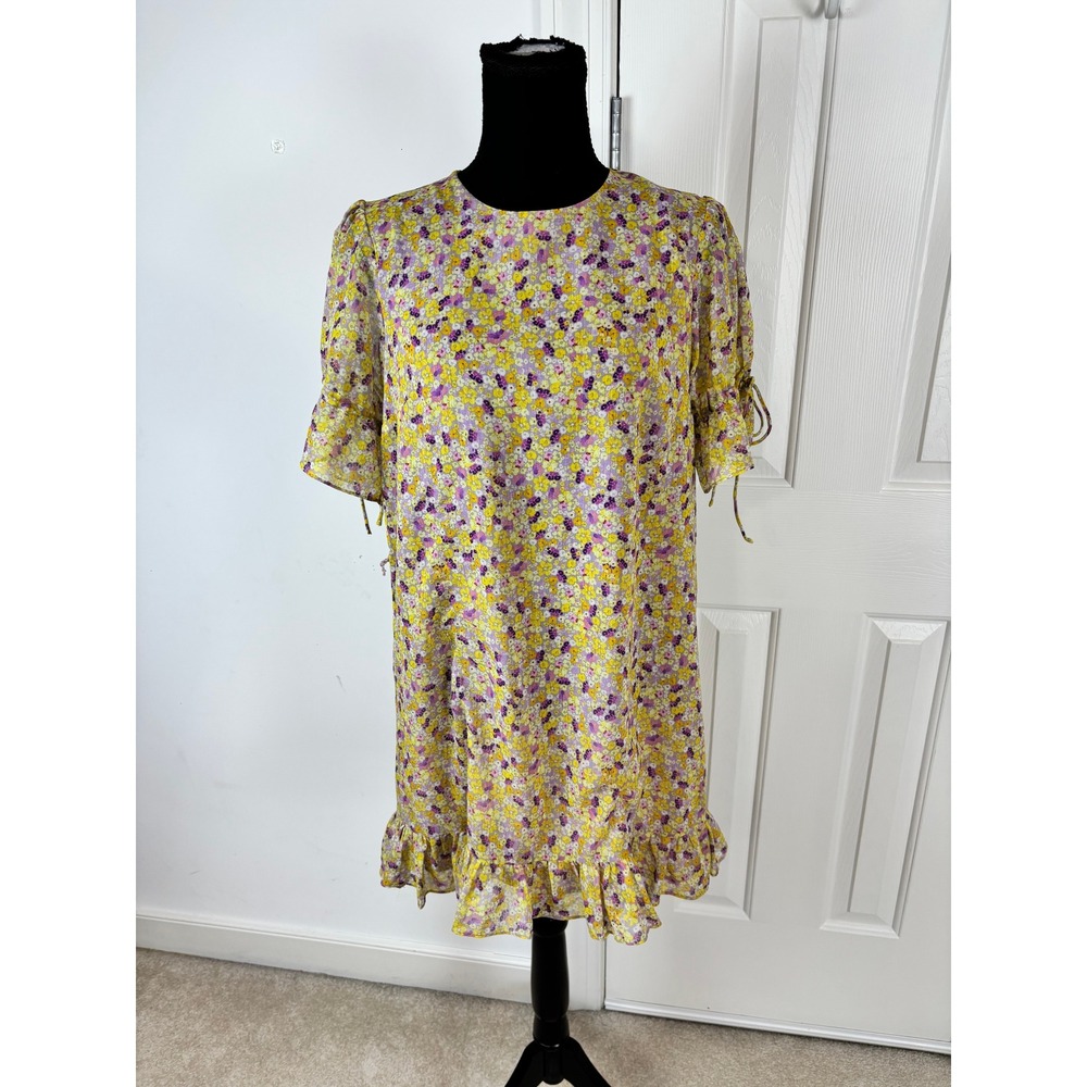 The East Order XS Yellow Purple Floral Ruffle Hem‎ Mini Shift Dress Short Sleeve